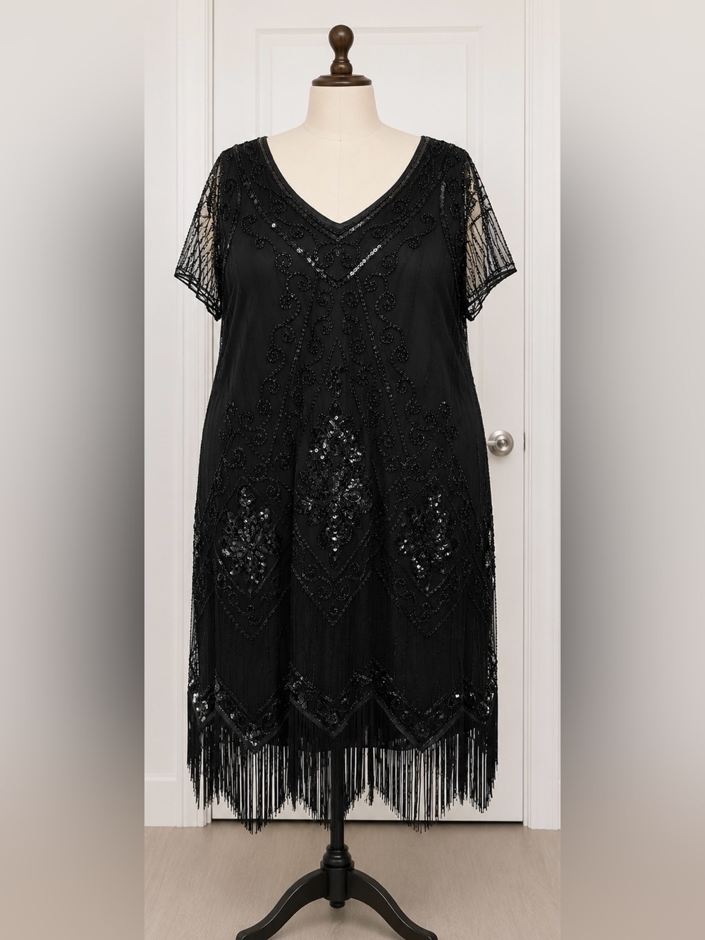 Beaded Black V-Neck Dress with Fringe